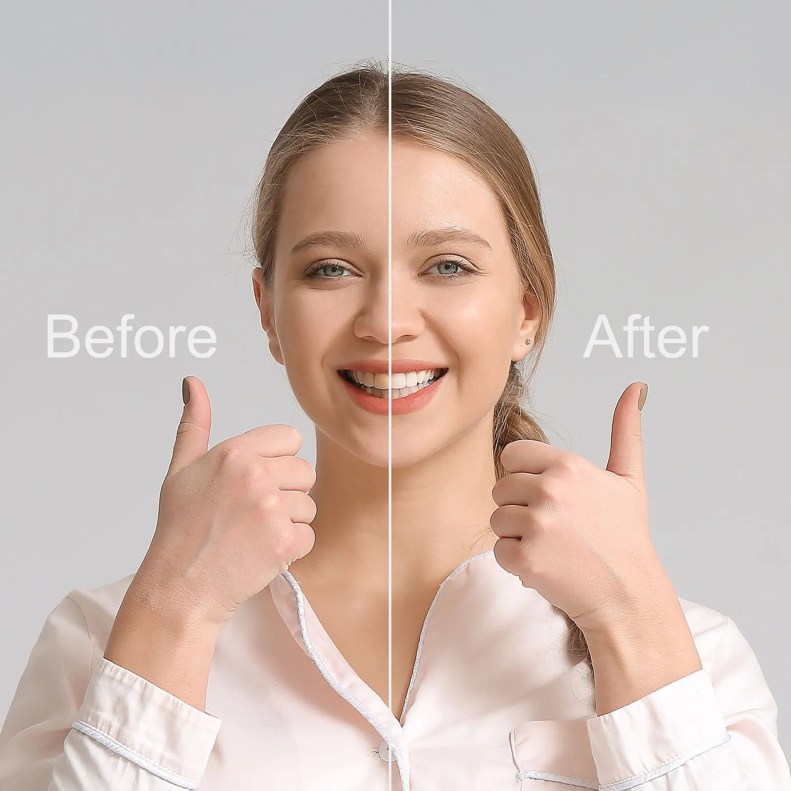 A portrait split into halves labelled Before and After, the After half showing clearer skin